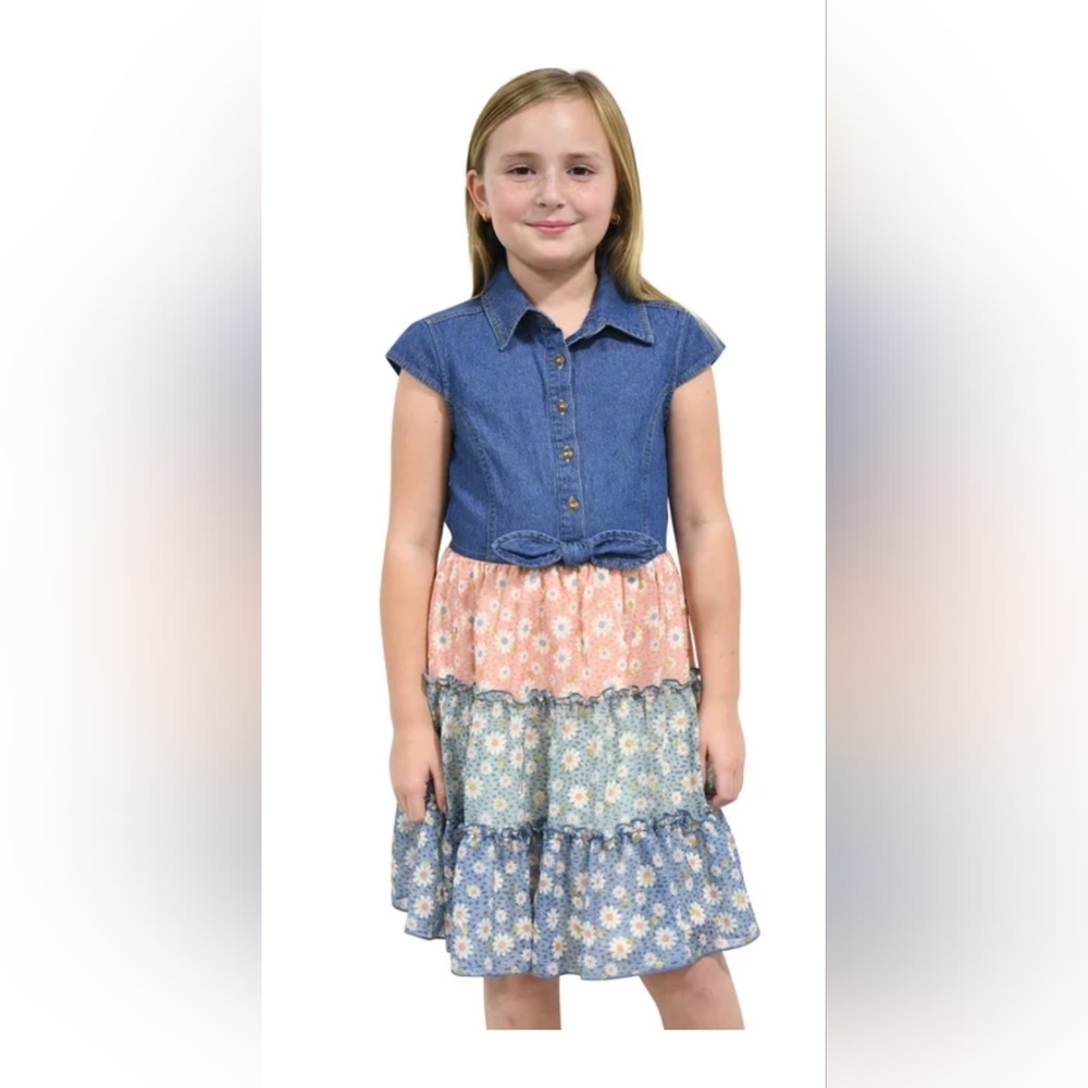 New! Zunie Girls Denim and Floral Tiered Dress Youth Denim Size X-SMALL 5/6 NWT!